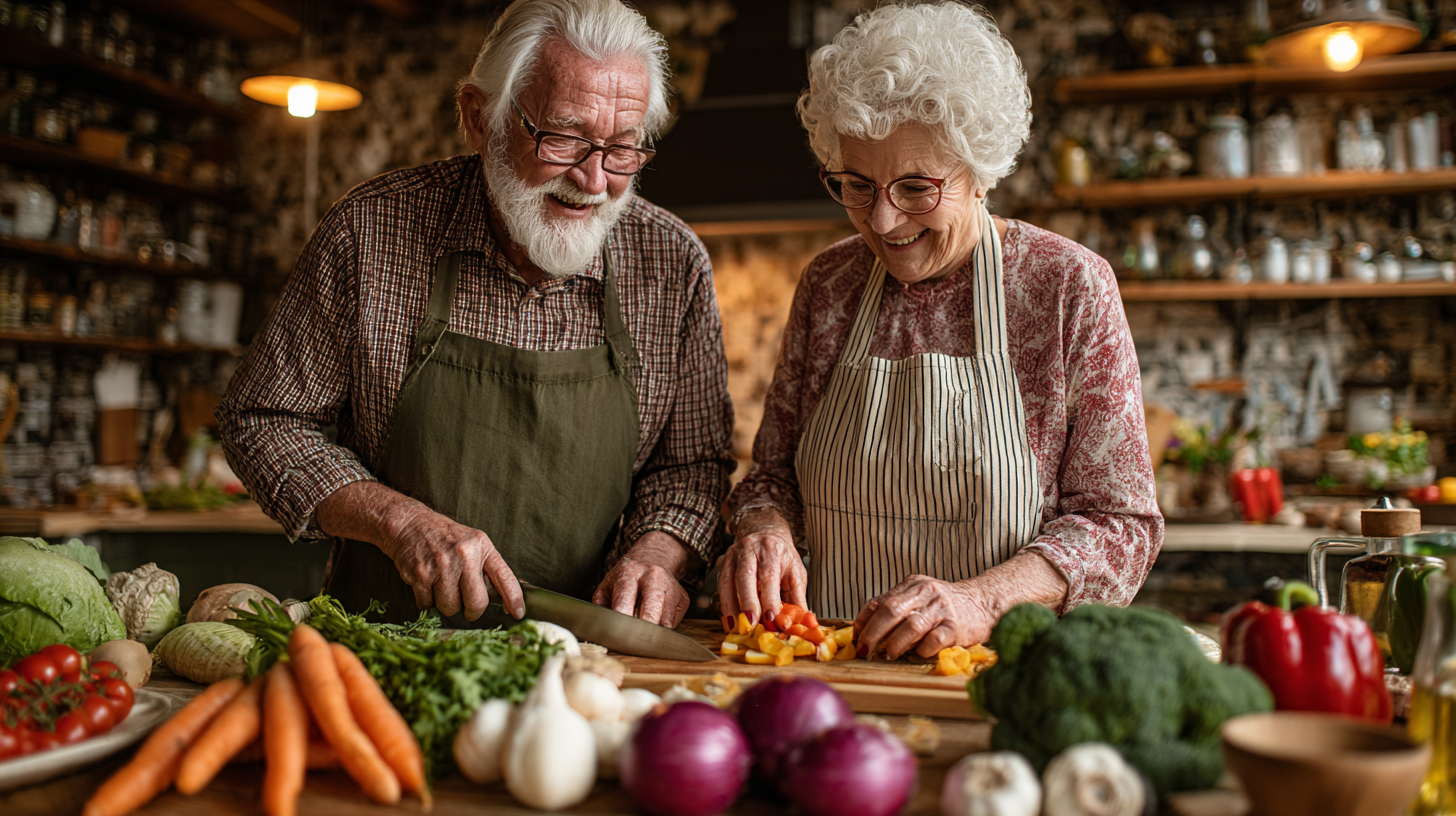 Люди старшого віку готують здорову їжу